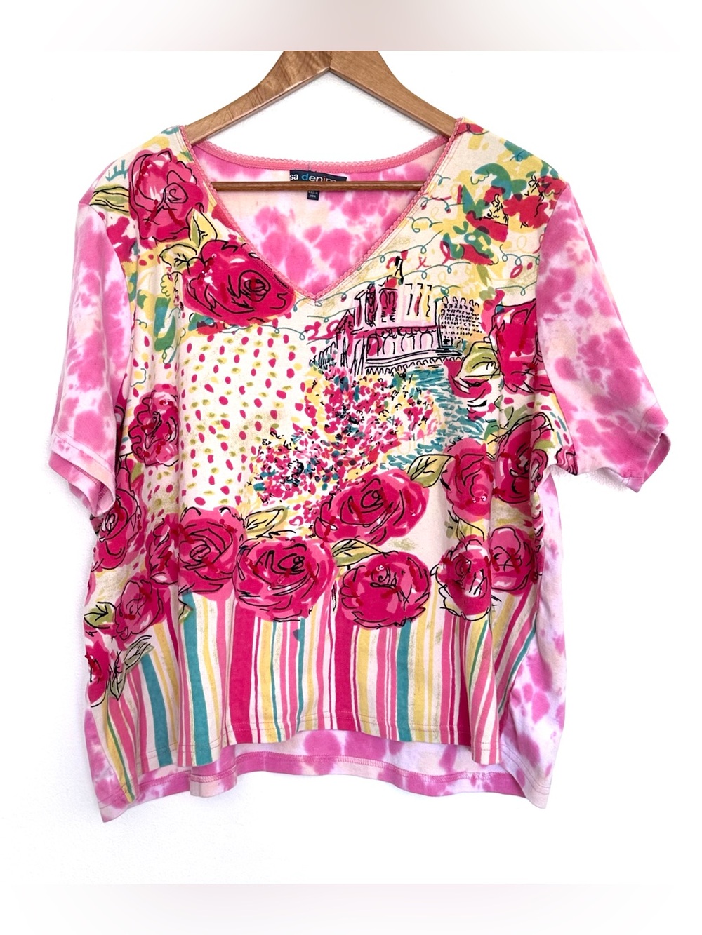 Sa Denim Plus Shirt Women’s 3X Pink Floral Cotton Short Sleeve V Neck Top